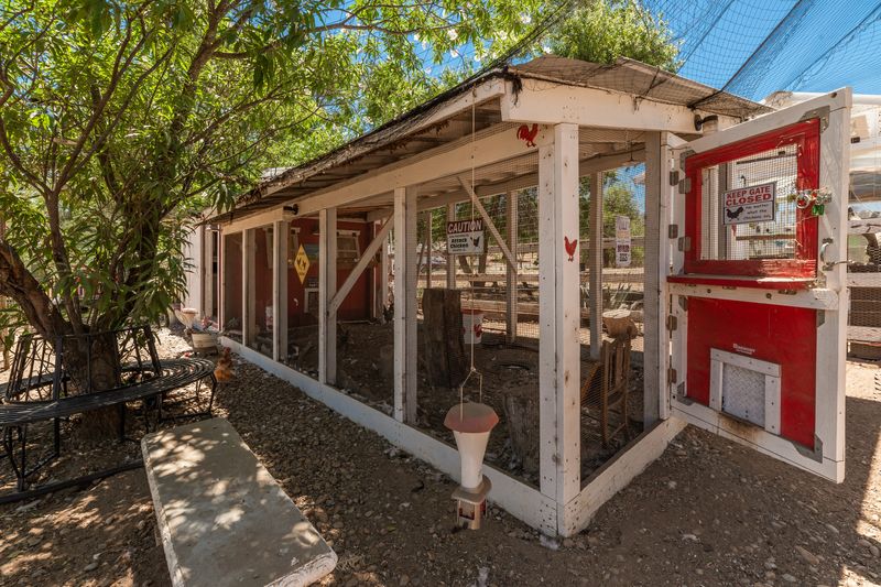 A long white coop with screened sides and a red door, under shady trees.