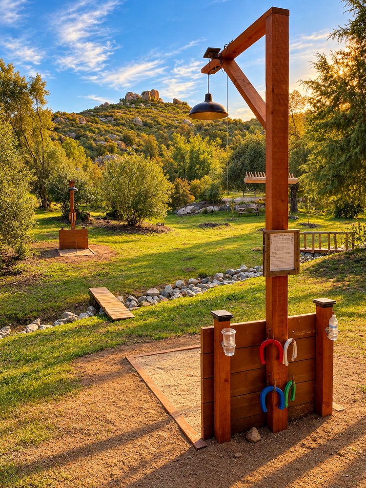 The near horseshoe pit at golden hour: a framed sand pit and stake, a wooden backboard with red, white, blue and green horseshoes hanging on it, and a tall lamp post, with the plank crossing over the rock-lined stream bed and the far pit on the opposite slope below a granite-topped hill.