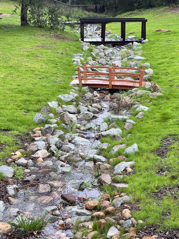 The seasonal stream running over river stones between green banks, under a small arched wooden garden bridge, with the Fairytale Bridge beyond.