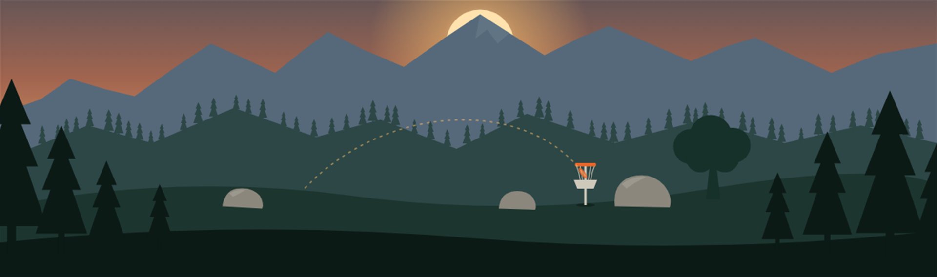 An illustration of the course at dusk: a disc arcing toward a basket between granite boulders and pines, with Iron Mountain behind.