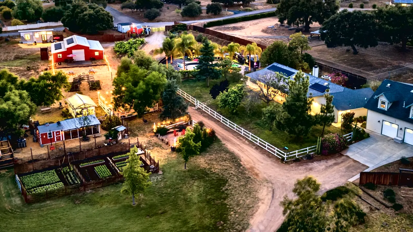 Red Barn Ranch from the air: the red barn, the pool and the vineyard on four acres.