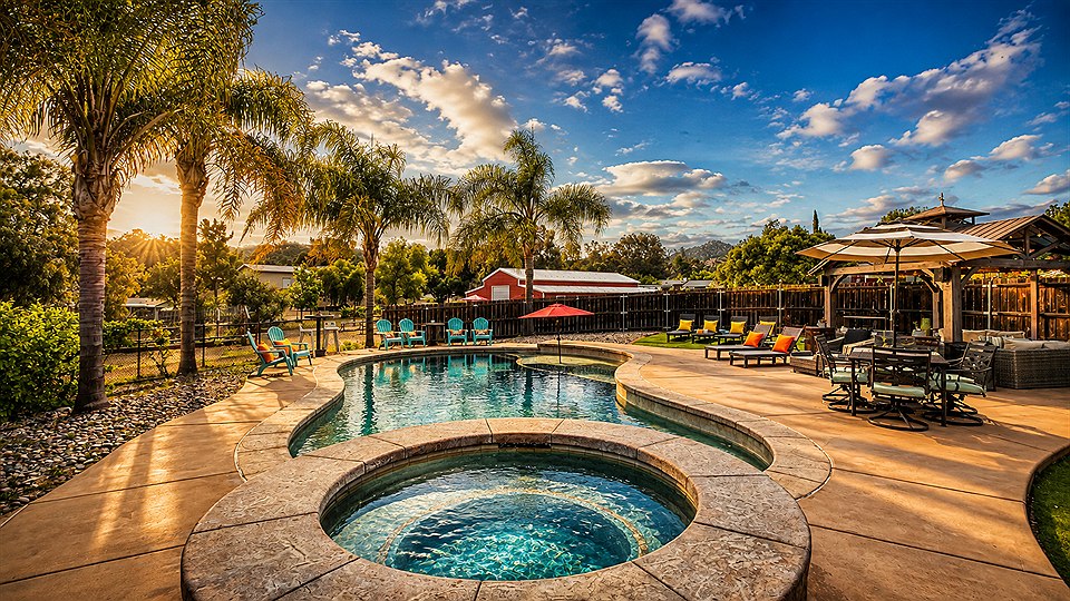 The pool and spa with the sun low behind the palms, the deck furniture and the red barn beyond the fence.