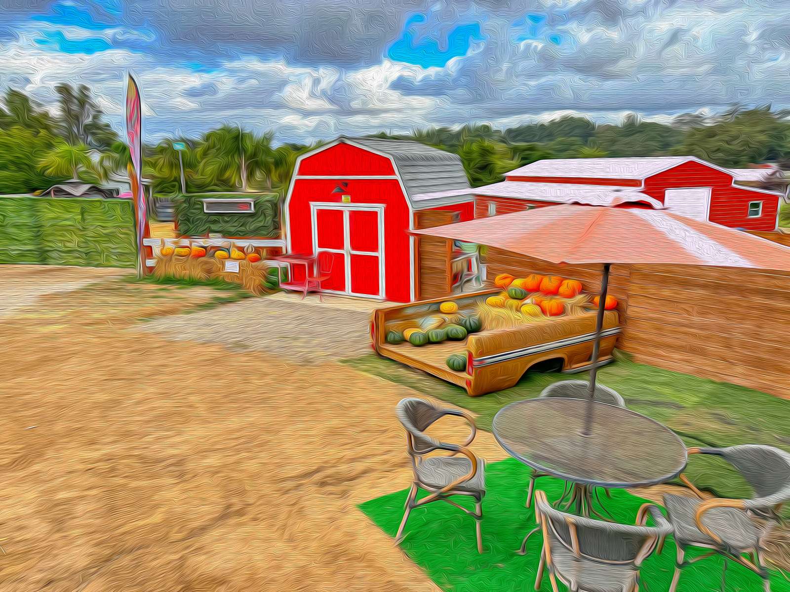 An oil painting of the Mini Barn Market storefront.