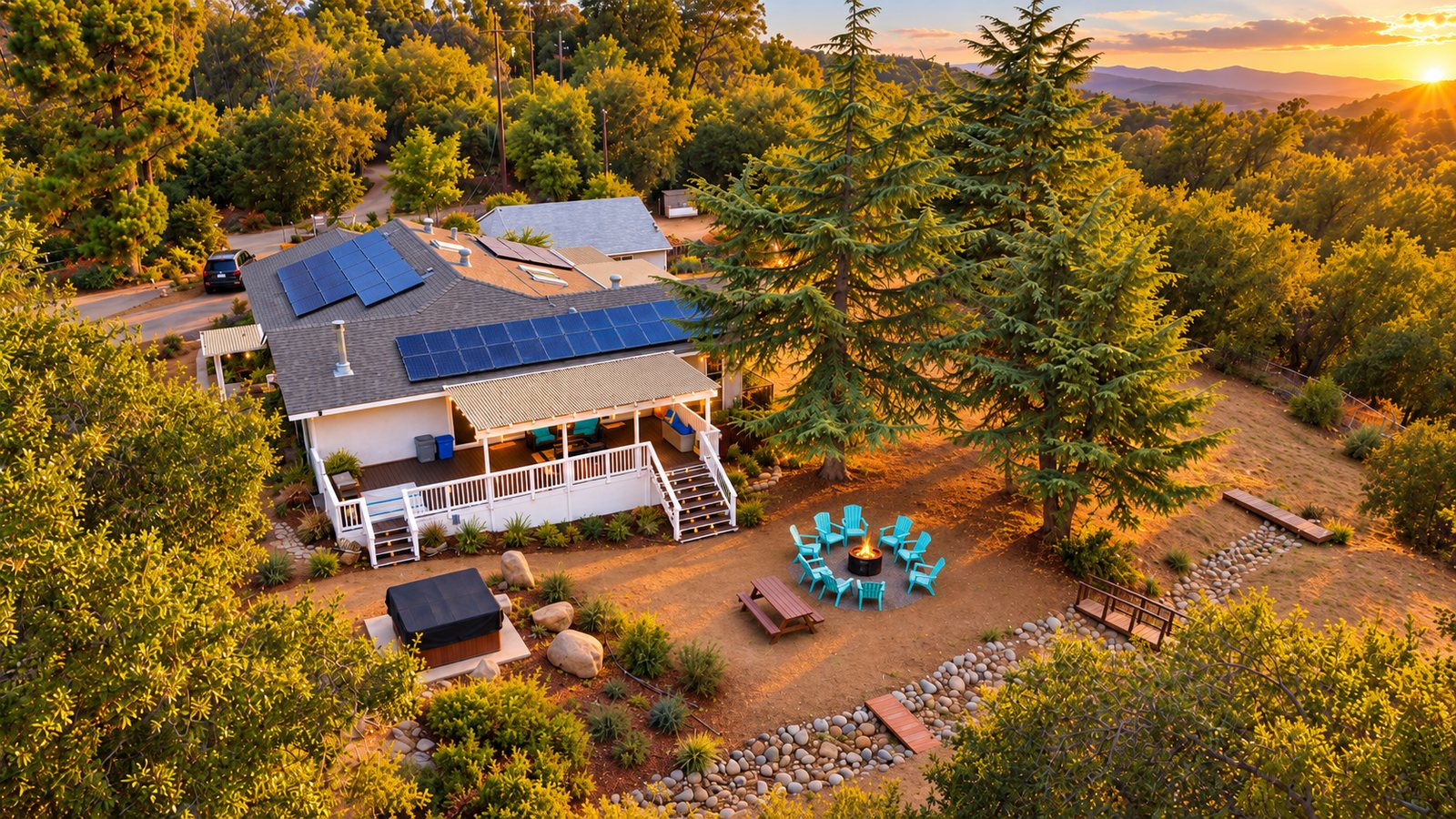 Mountain Retreat from the air at sunset: the deck, the hot tub and the fire pit ringed by chairs, among the pines.