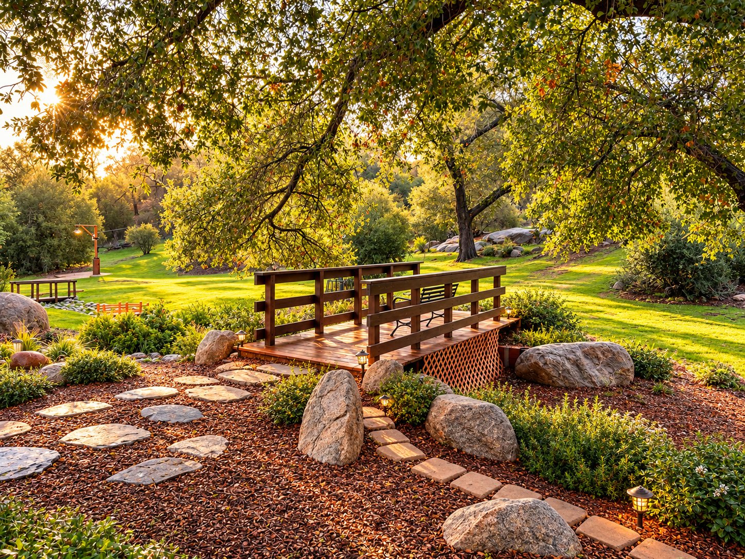 The Fairytale Bridge at golden hour, with flagstones and boulders leading up to it under the oaks.