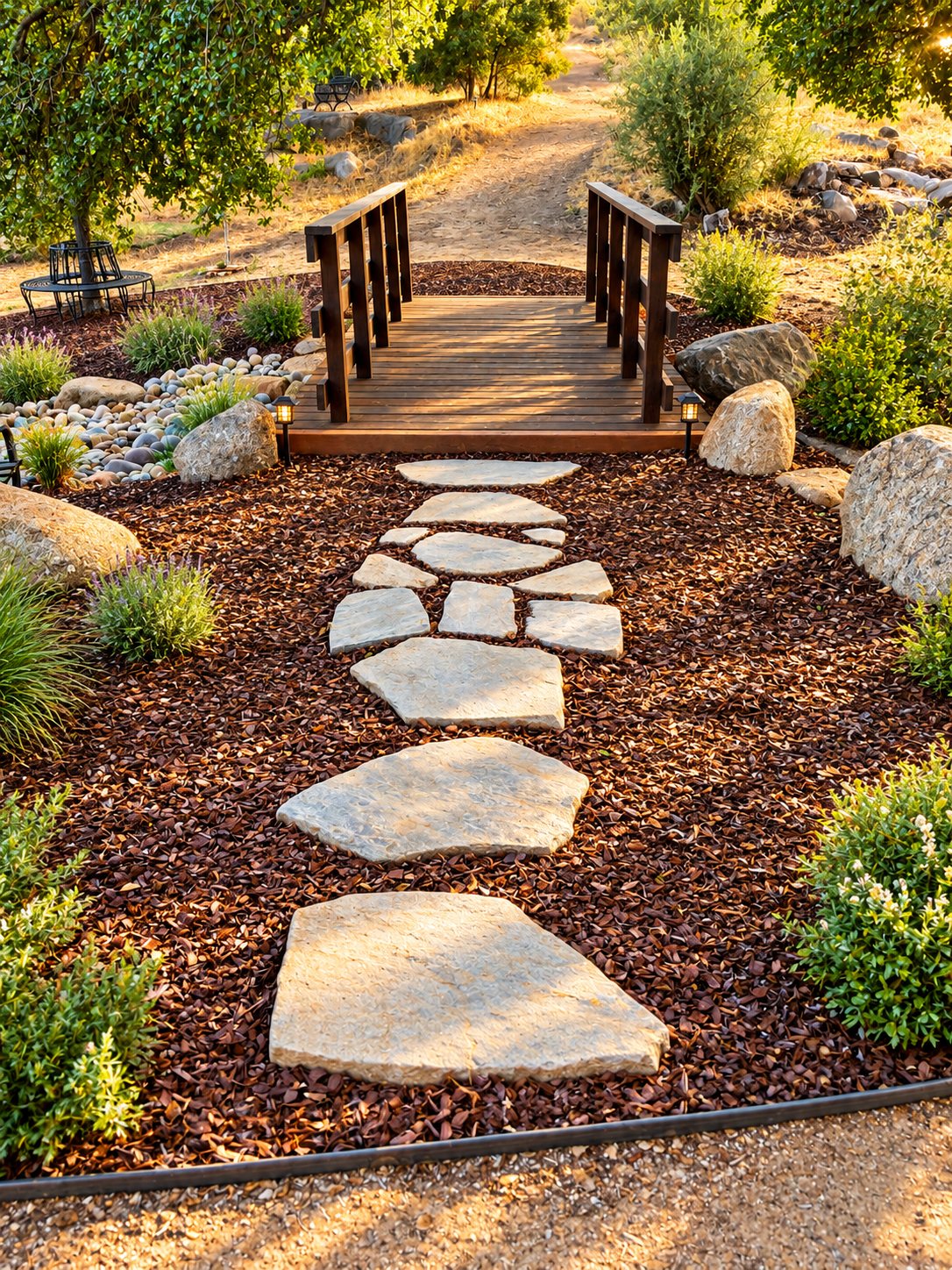 Flagstone steps through the garden toward the Fairytale Bridge in warm evening light.