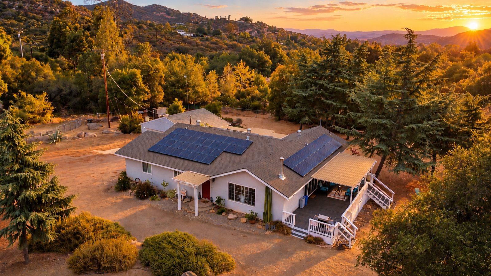 Mountain Retreat from above at golden hour, the house and deck among the pines with the hills beyond.