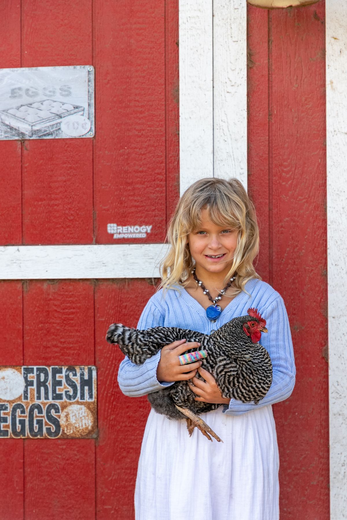 A child holding a hen in front of the red coop.