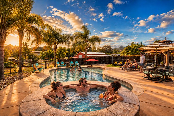 Friends sitting in the warm spa at sunset, with the pool and the palms beyond.